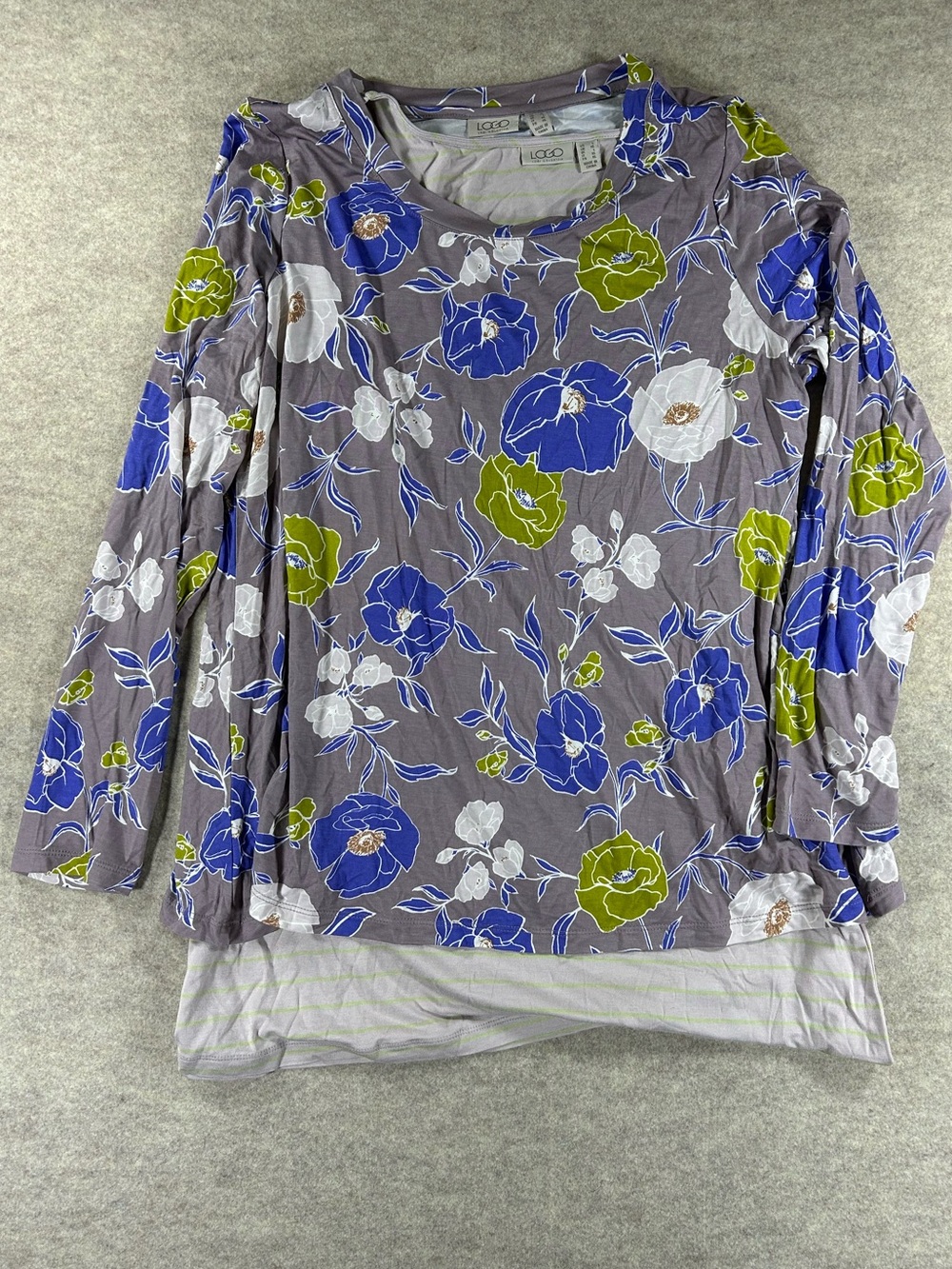 LOGO Floral Layered Long-Sleeve Top in Gray and Blue